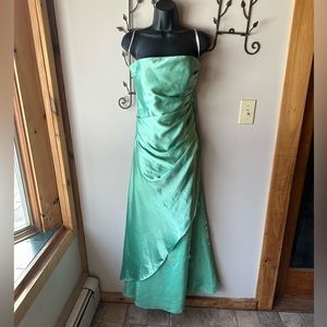 Green Morgan and Co satin beaded strapless gown.